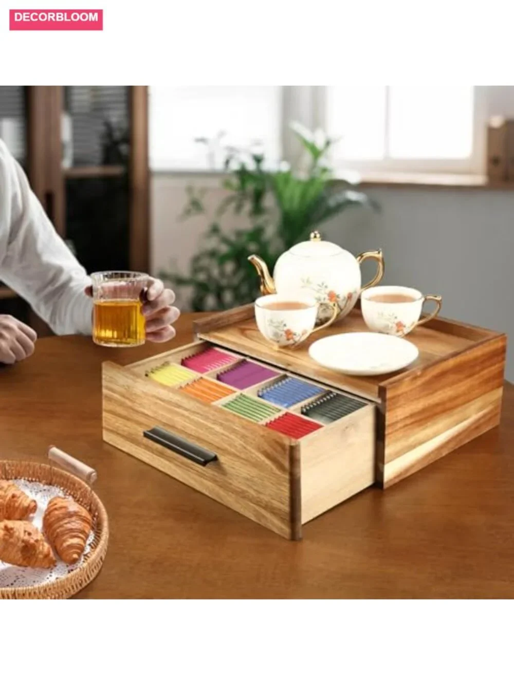Acacia Wood Tea Bag Organizer with 12 Compartments and Drawer